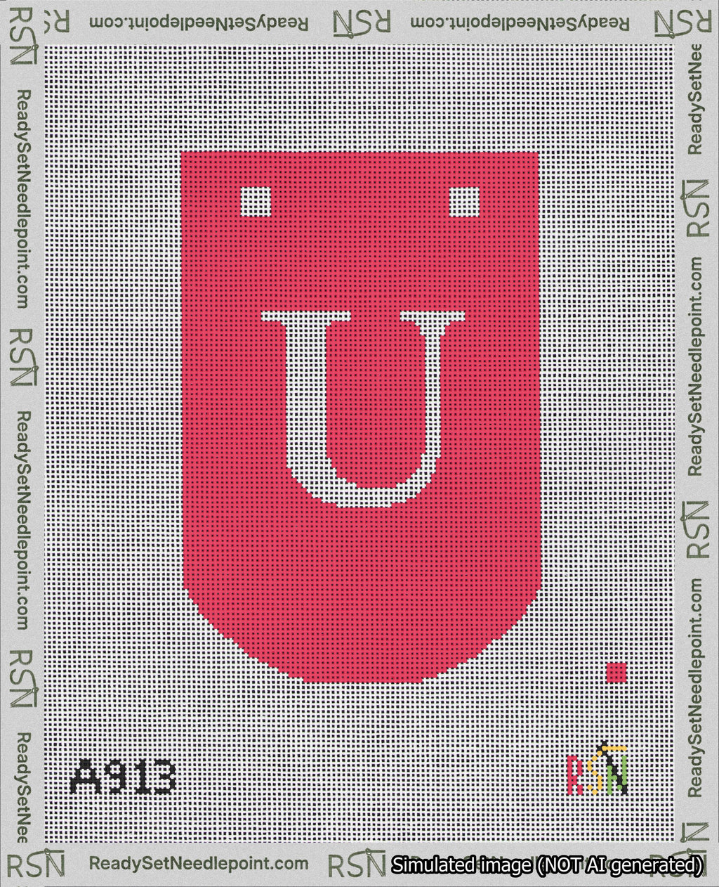 A taped needlepoint canvas with the design: Banner 18 mesh count Curved U White on Red.