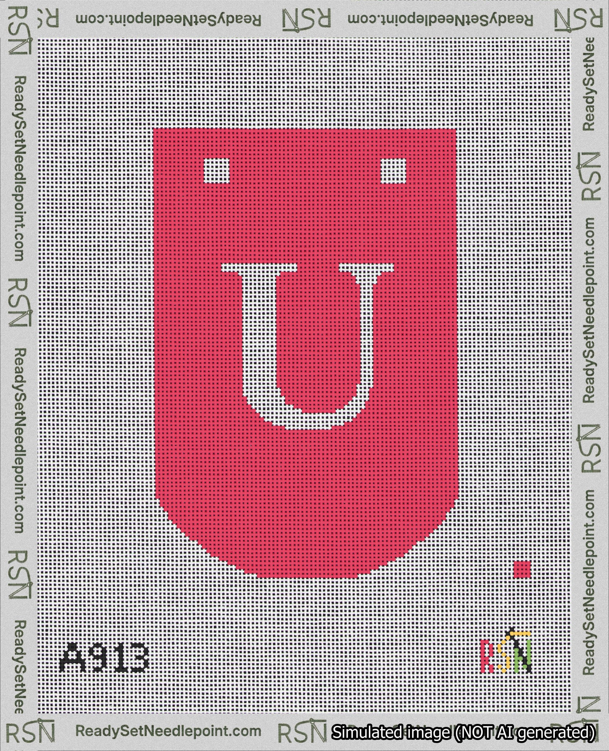 A taped needlepoint canvas with the design: Banner 18 mesh count Curved U White on Red.