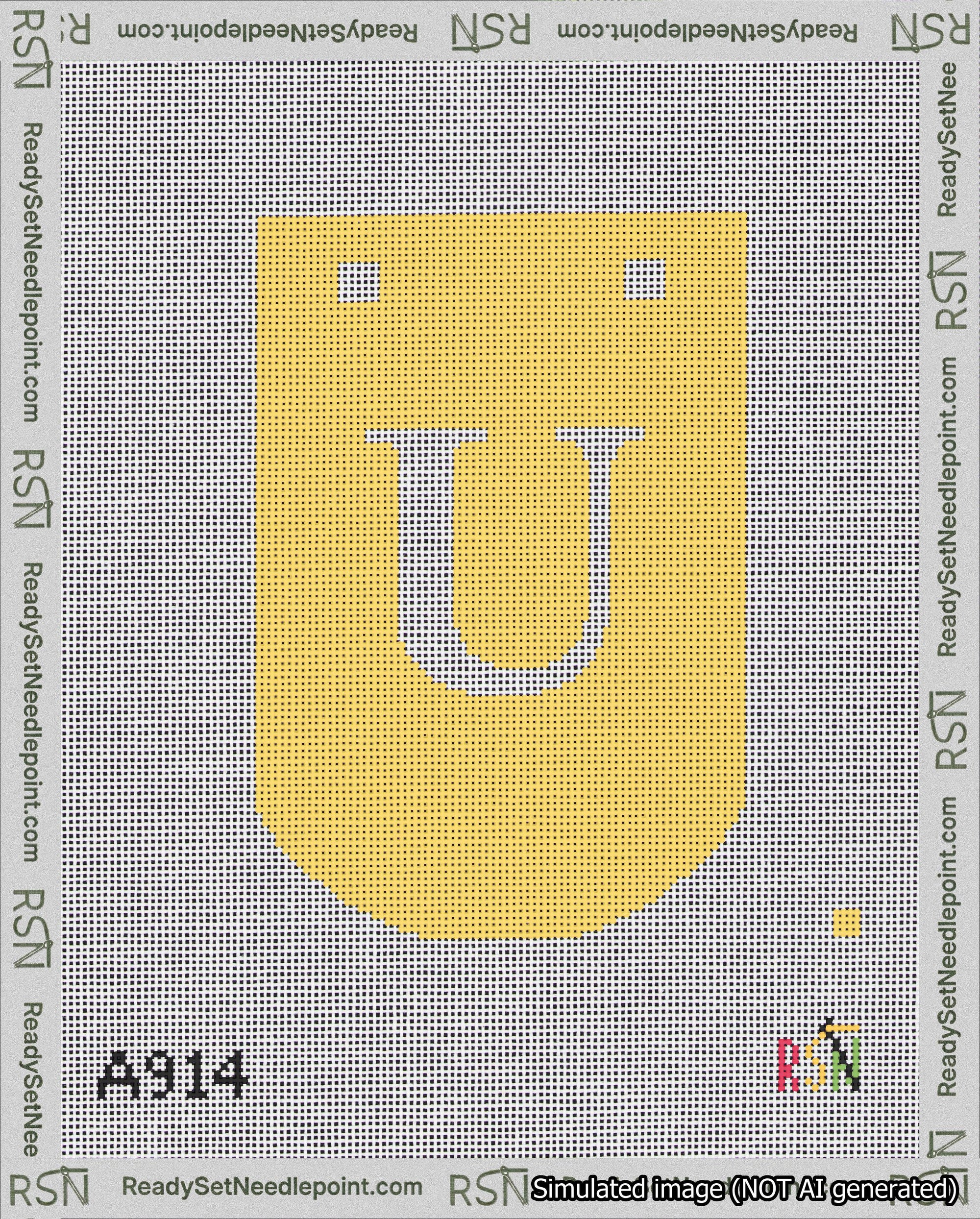A taped needlepoint canvas with the design: Banner 18 mesh count Curved U White on Yellow.