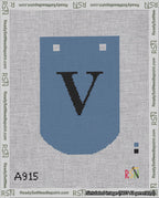 A taped needlepoint canvas with the design: Banner 18 mesh count Curved V Black on Blue.
