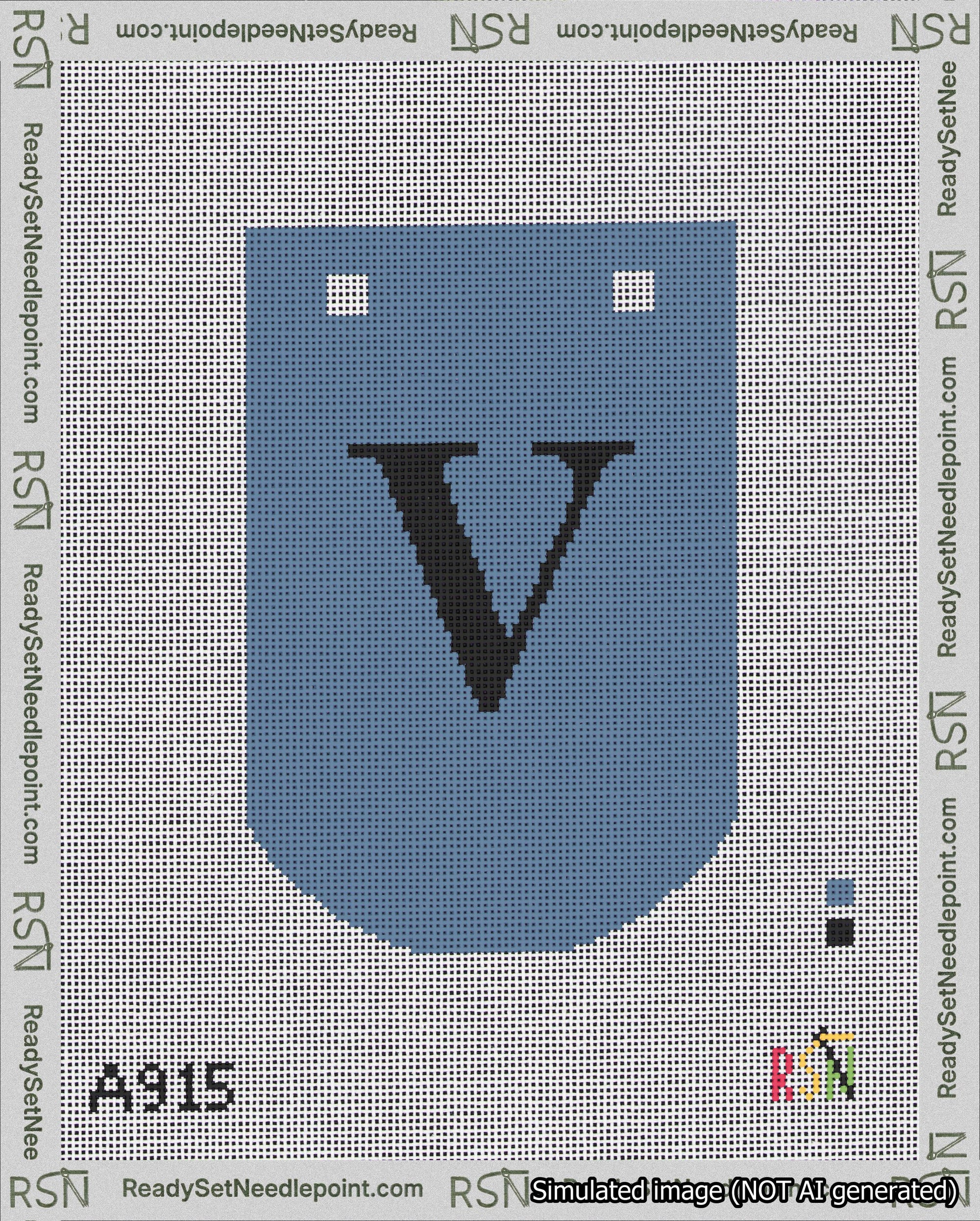 A taped needlepoint canvas with the design: Banner 18 mesh count Curved V Black on Blue.