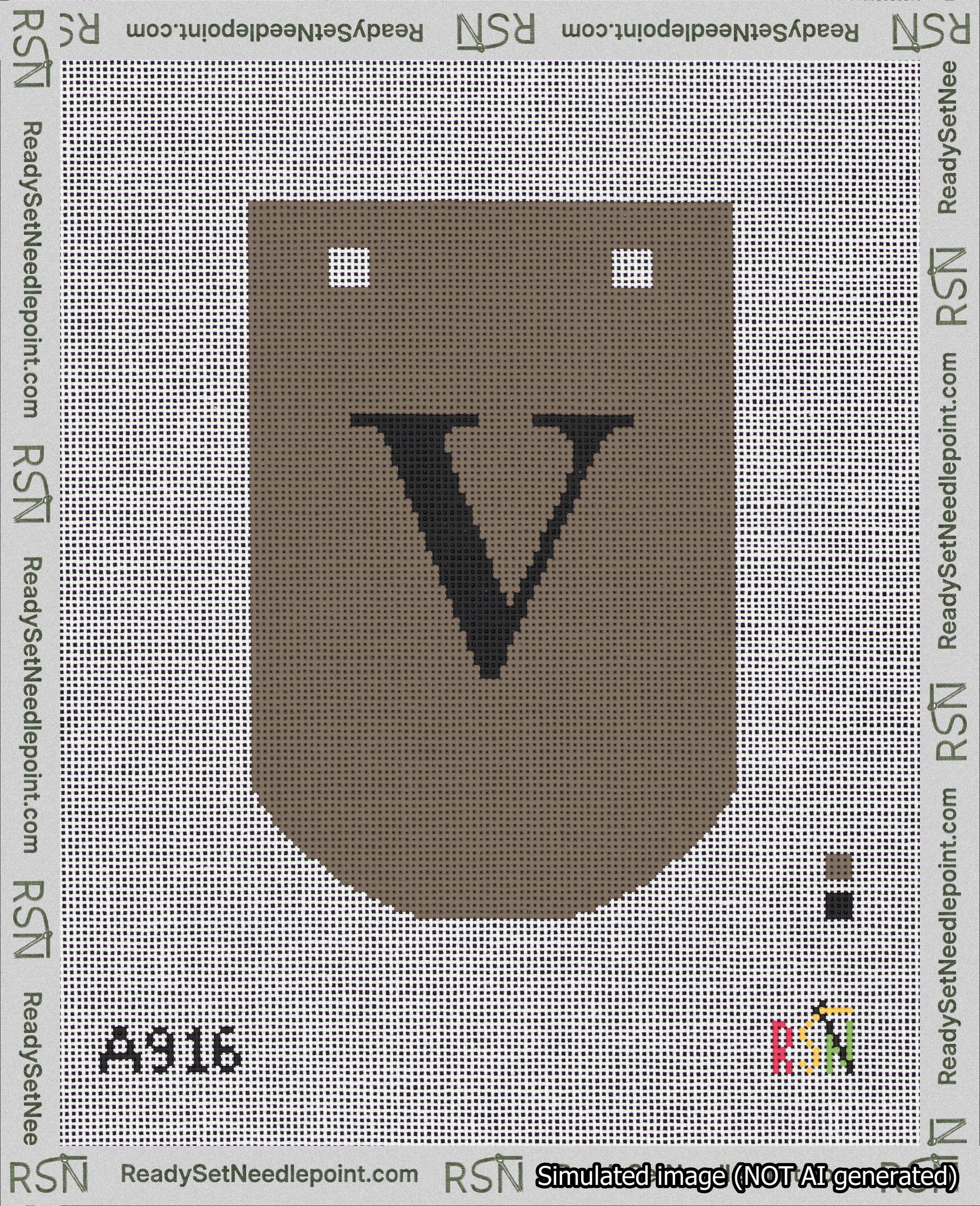 A taped needlepoint canvas with the design: Banner 18 mesh count Curved V Black on Brown.