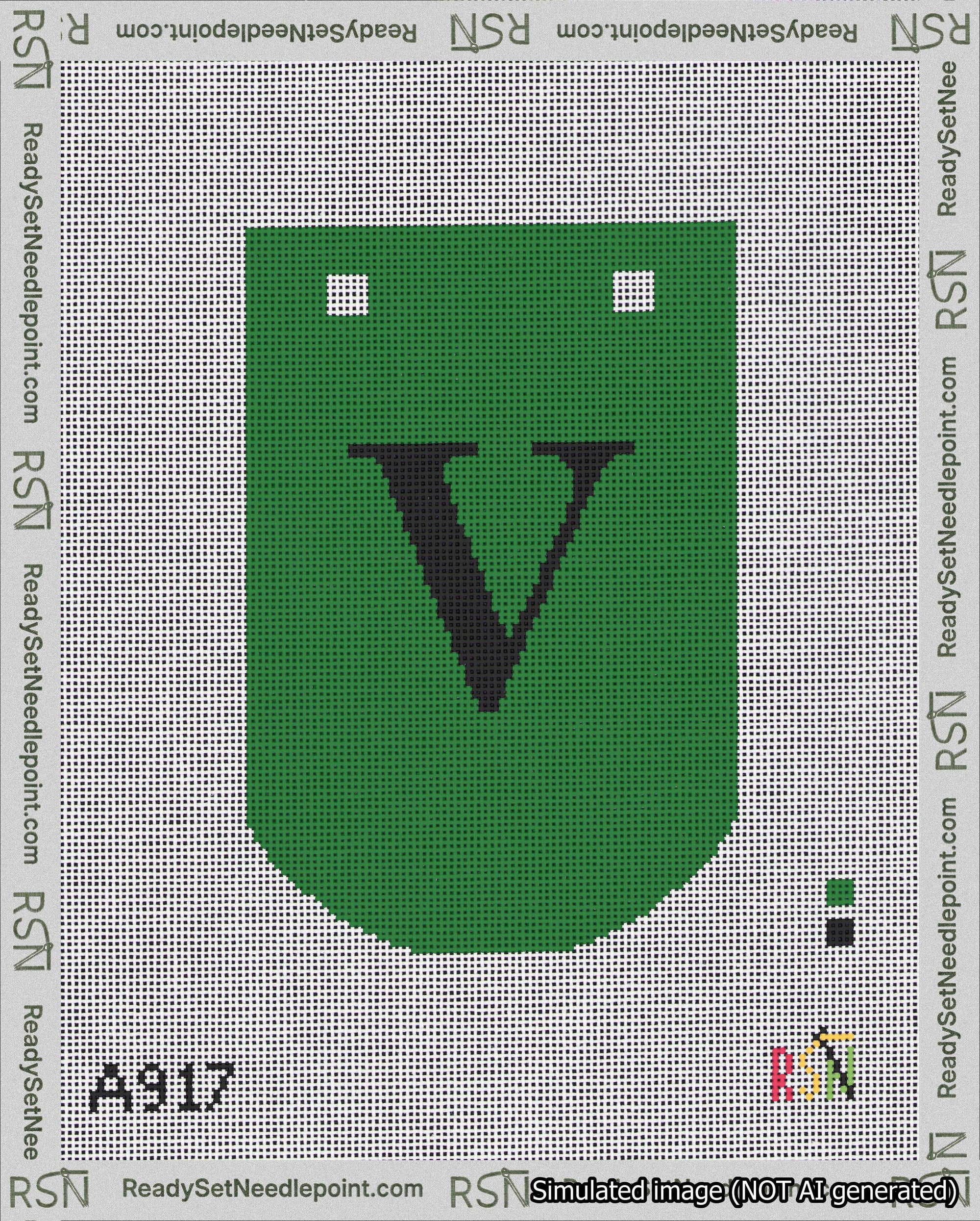 A taped needlepoint canvas with the design: Banner 18 mesh count Curved V Black on Green.