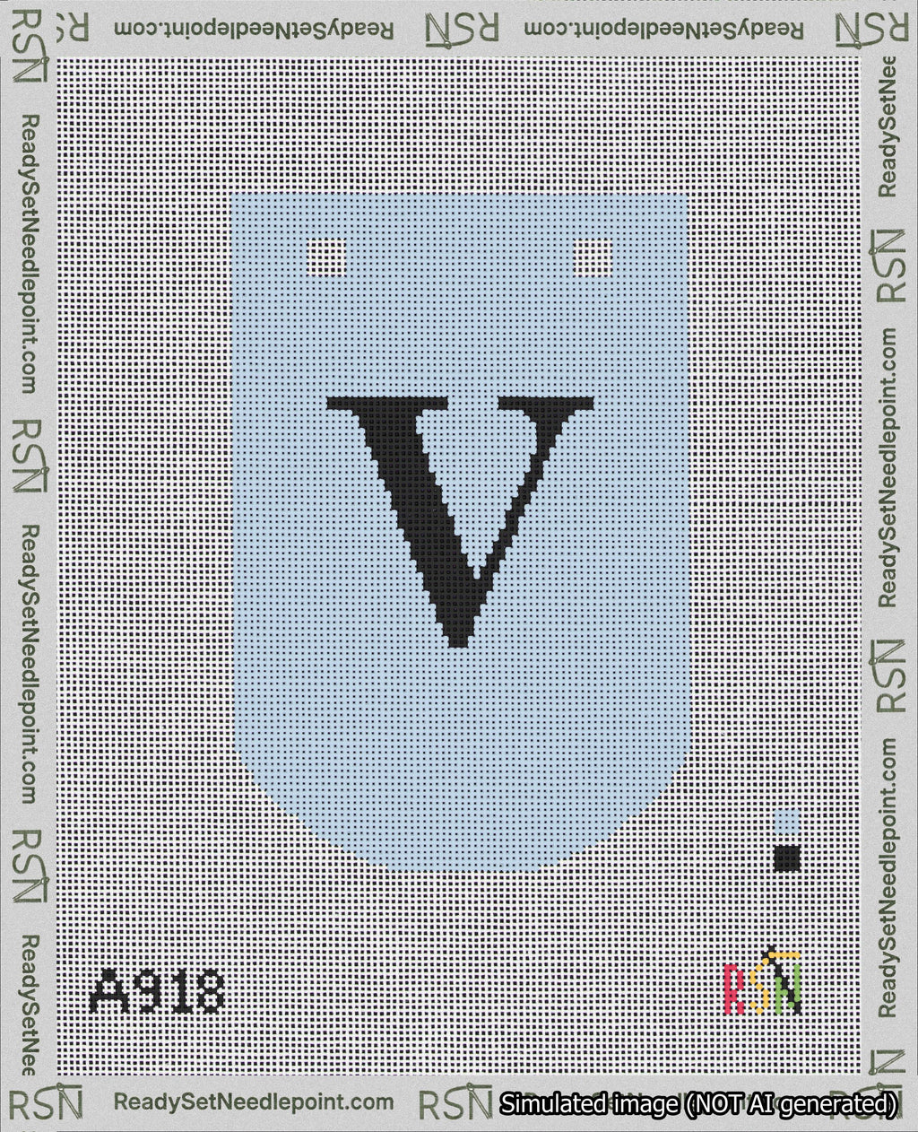 A taped needlepoint canvas with the design: Banner 18 mesh count Curved V Black on Light Blue.