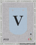 A taped needlepoint canvas with the design: Banner 18 mesh count Curved V Black on Light Blue.