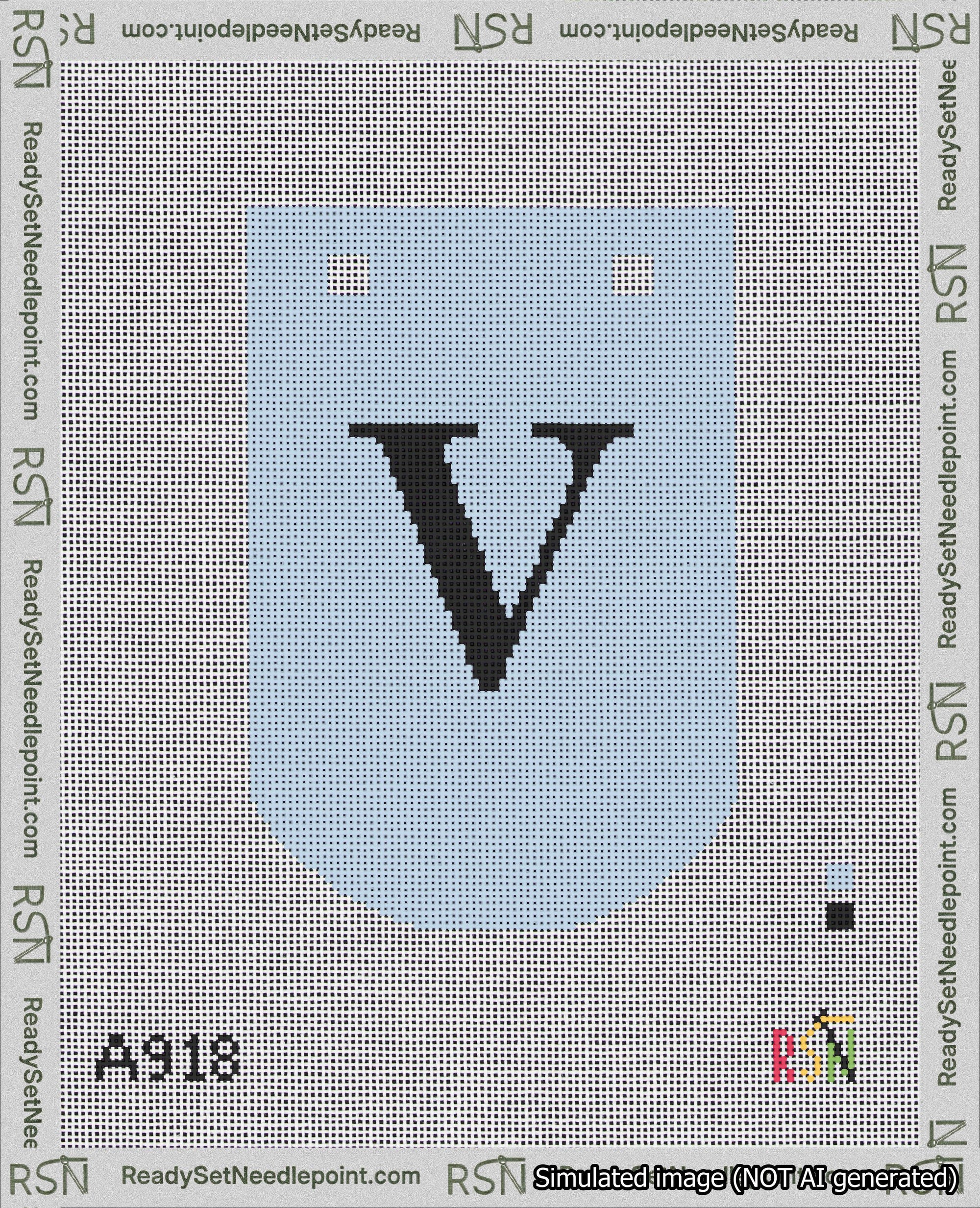 A taped needlepoint canvas with the design: Banner 18 mesh count Curved V Black on Light Blue.