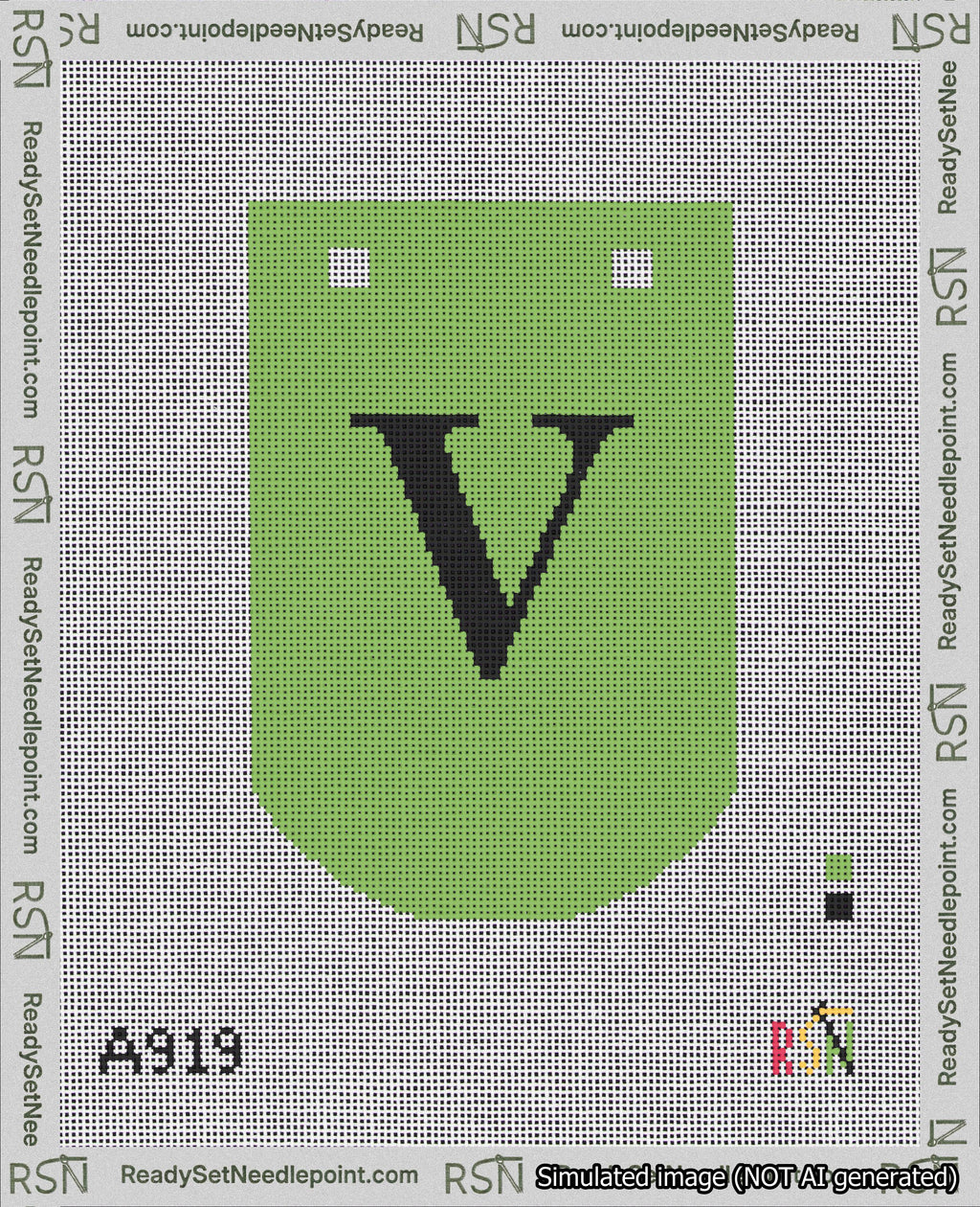 A taped needlepoint canvas with the design: Banner 18 mesh count Curved V Black on Light Green.
