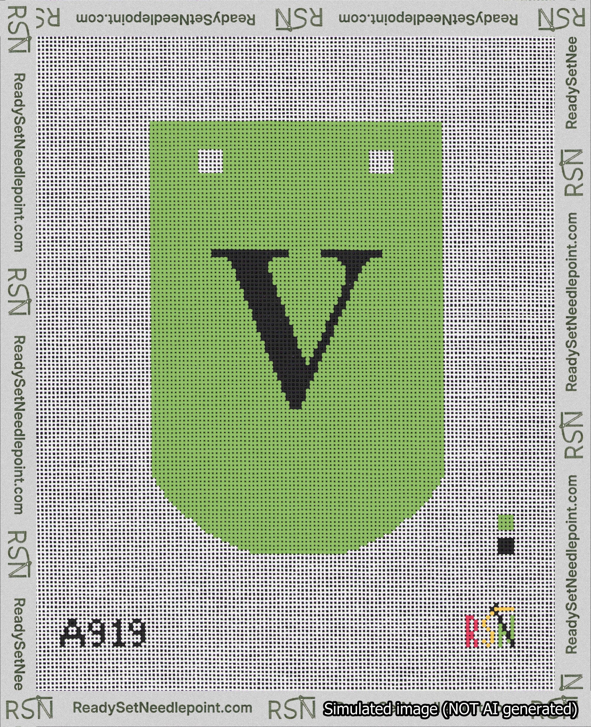A taped needlepoint canvas with the design: Banner 18 mesh count Curved V Black on Light Green.