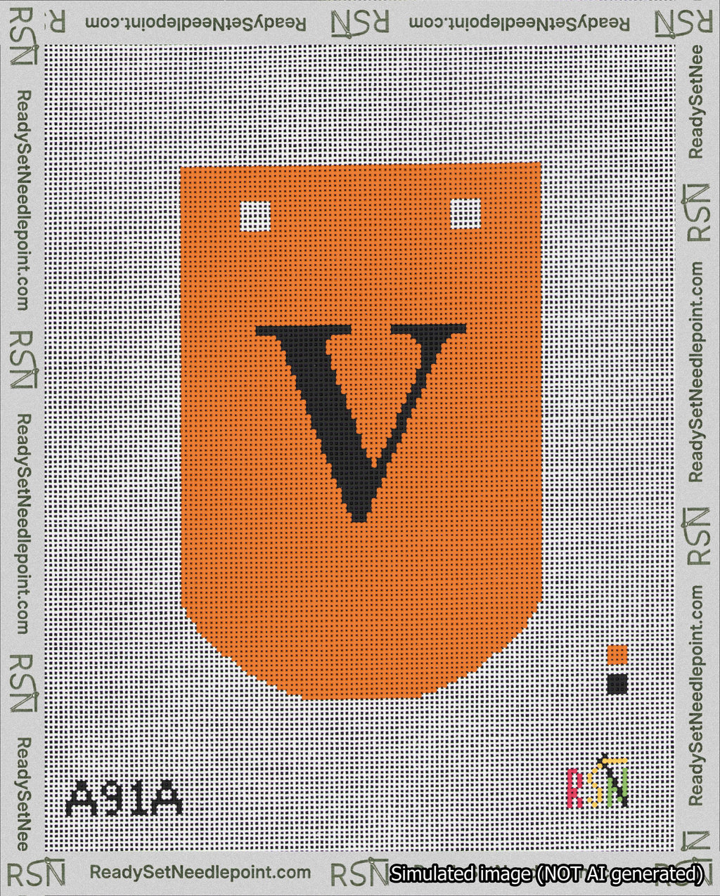 A taped needlepoint canvas with the design: Banner 18 mesh count Curved V Black on Orange.