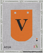 A taped needlepoint canvas with the design: Banner 18 mesh count Curved V Black on Orange.