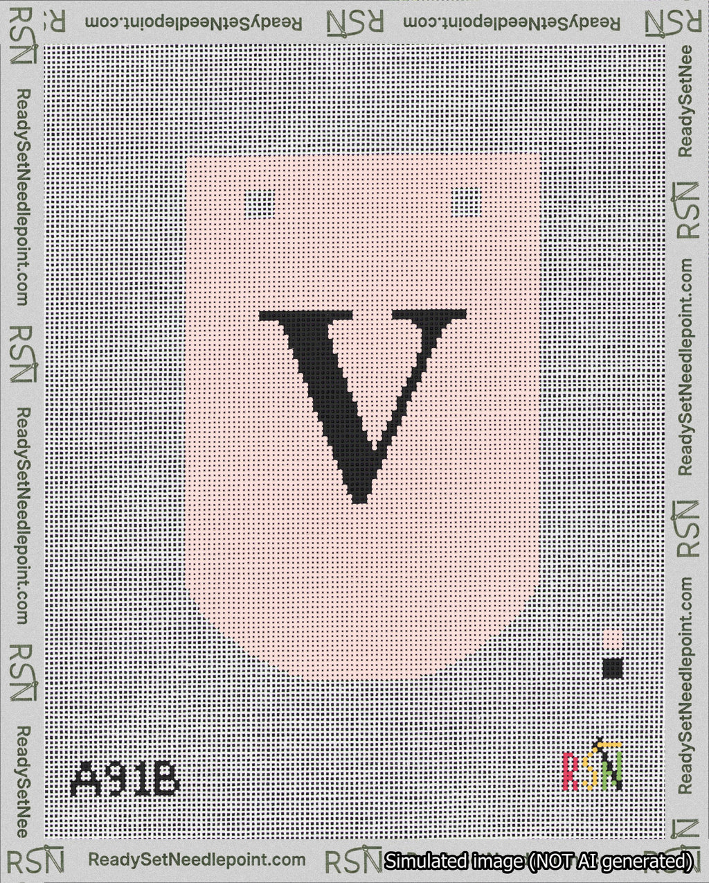 A taped needlepoint canvas with the design: Banner 18 mesh count Curved V Black on Pink.