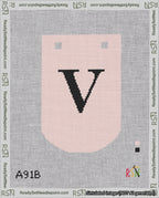 A taped needlepoint canvas with the design: Banner 18 mesh count Curved V Black on Pink.
