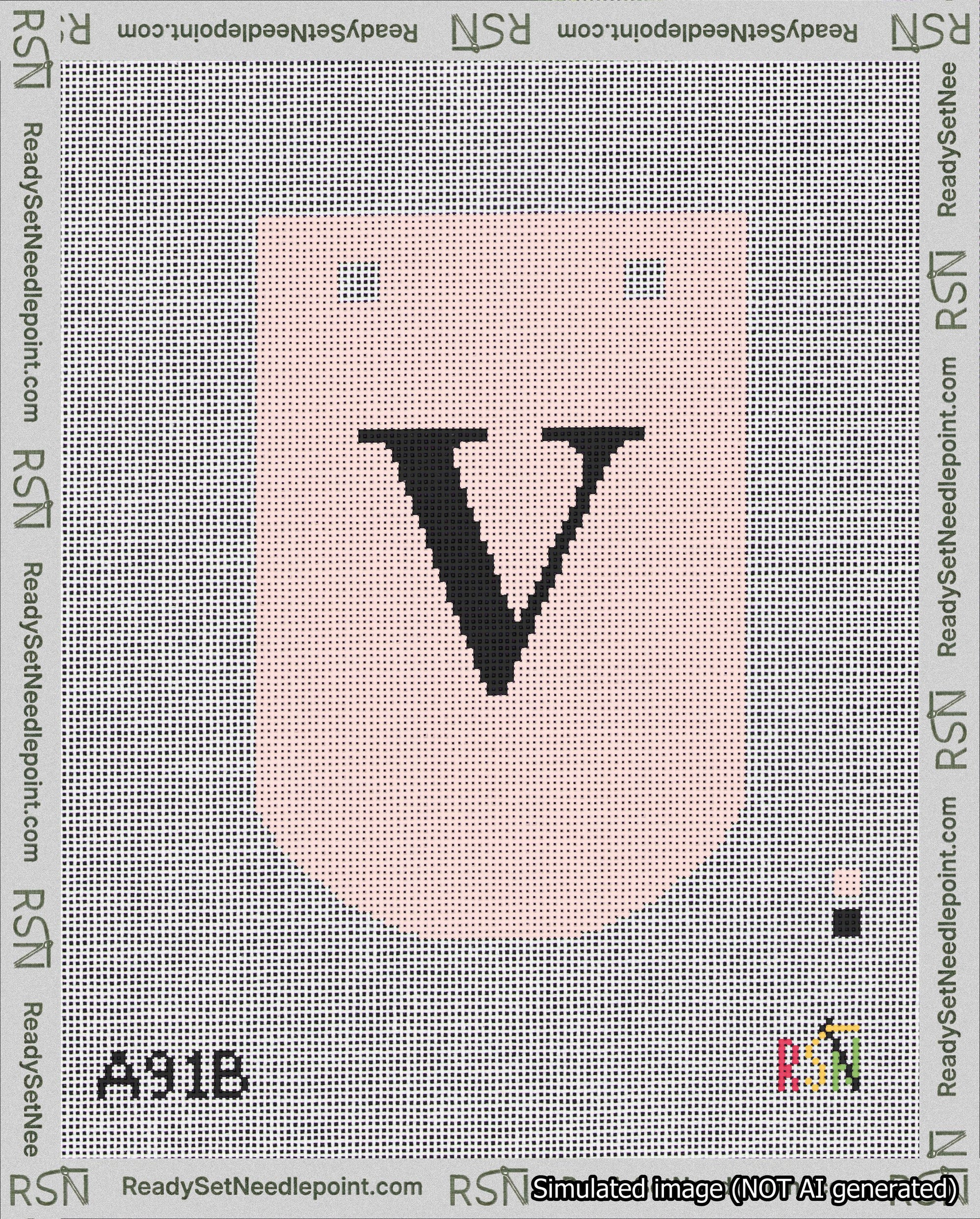 A taped needlepoint canvas with the design: Banner 18 mesh count Curved V Black on Pink.