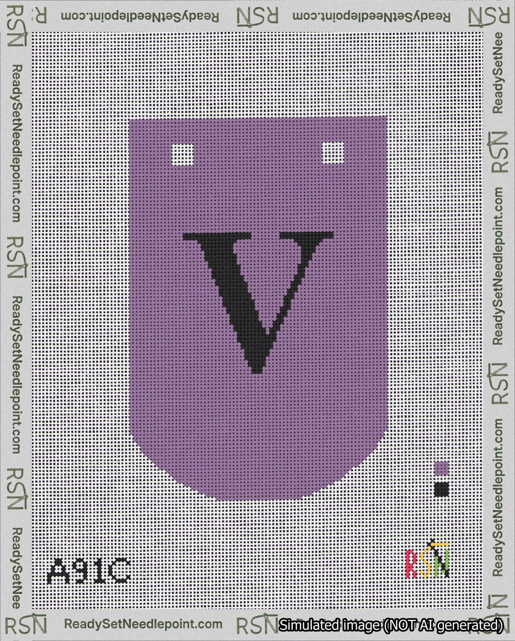 A taped needlepoint canvas with the design: Banner 18 mesh count Curved V Black on Purple.