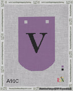 A taped needlepoint canvas with the design: Banner 18 mesh count Curved V Black on Purple.