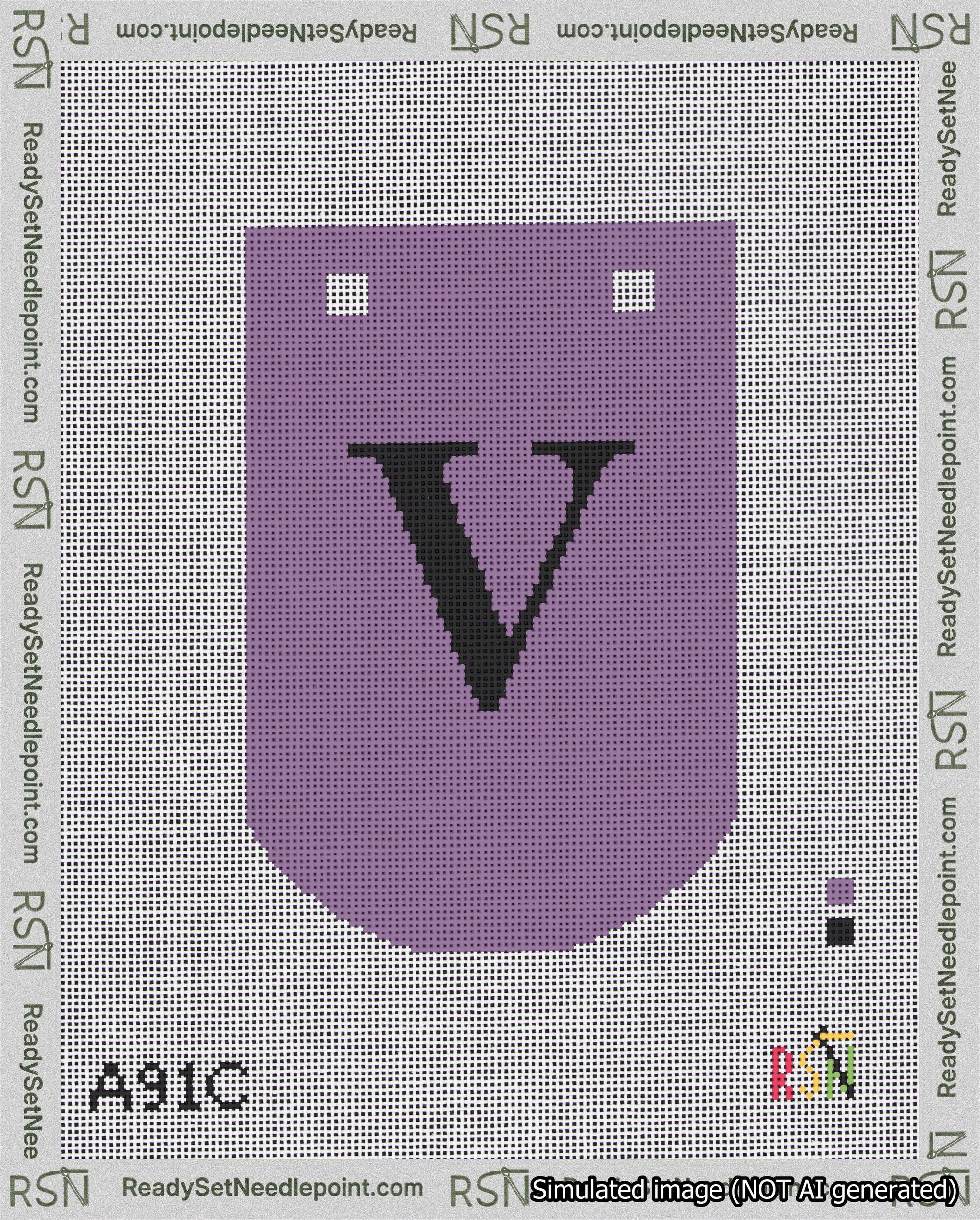 A taped needlepoint canvas with the design: Banner 18 mesh count Curved V Black on Purple.