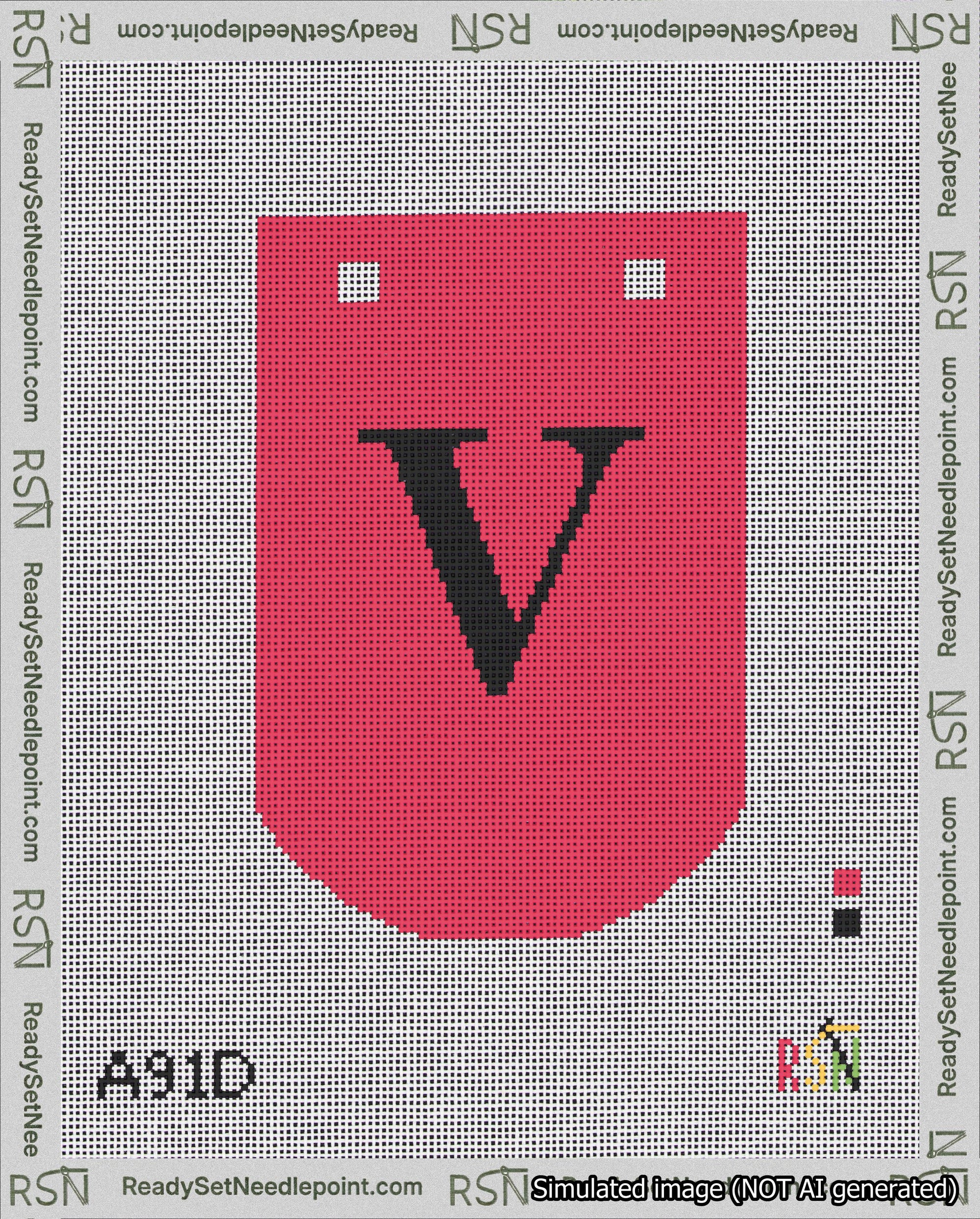 A taped needlepoint canvas with the design: Banner 18 mesh count Curved V Black on Red.