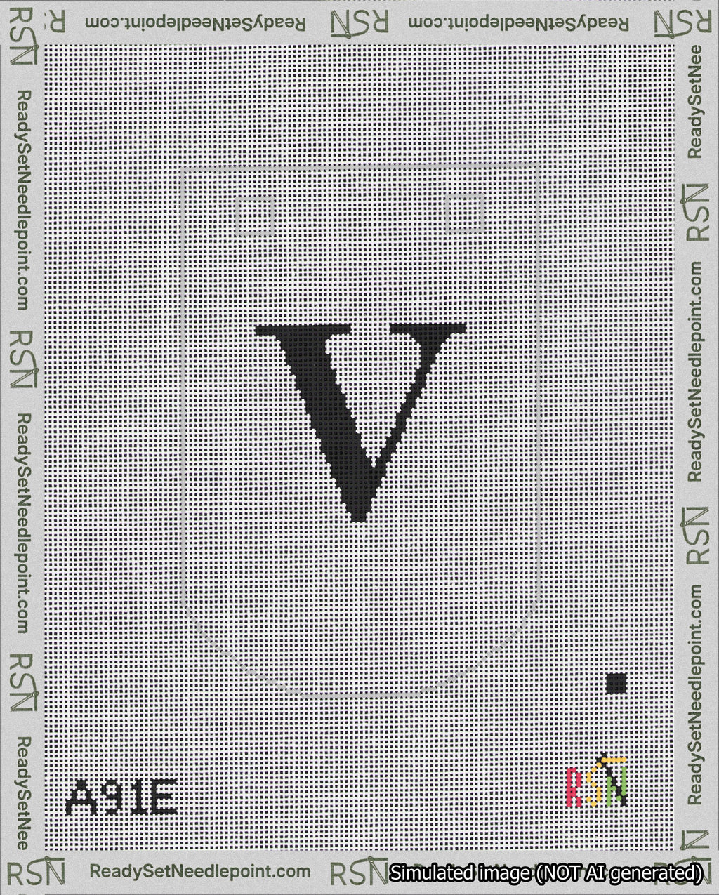 A taped needlepoint canvas with the design: Banner 18 mesh count Curved V Black on White.
