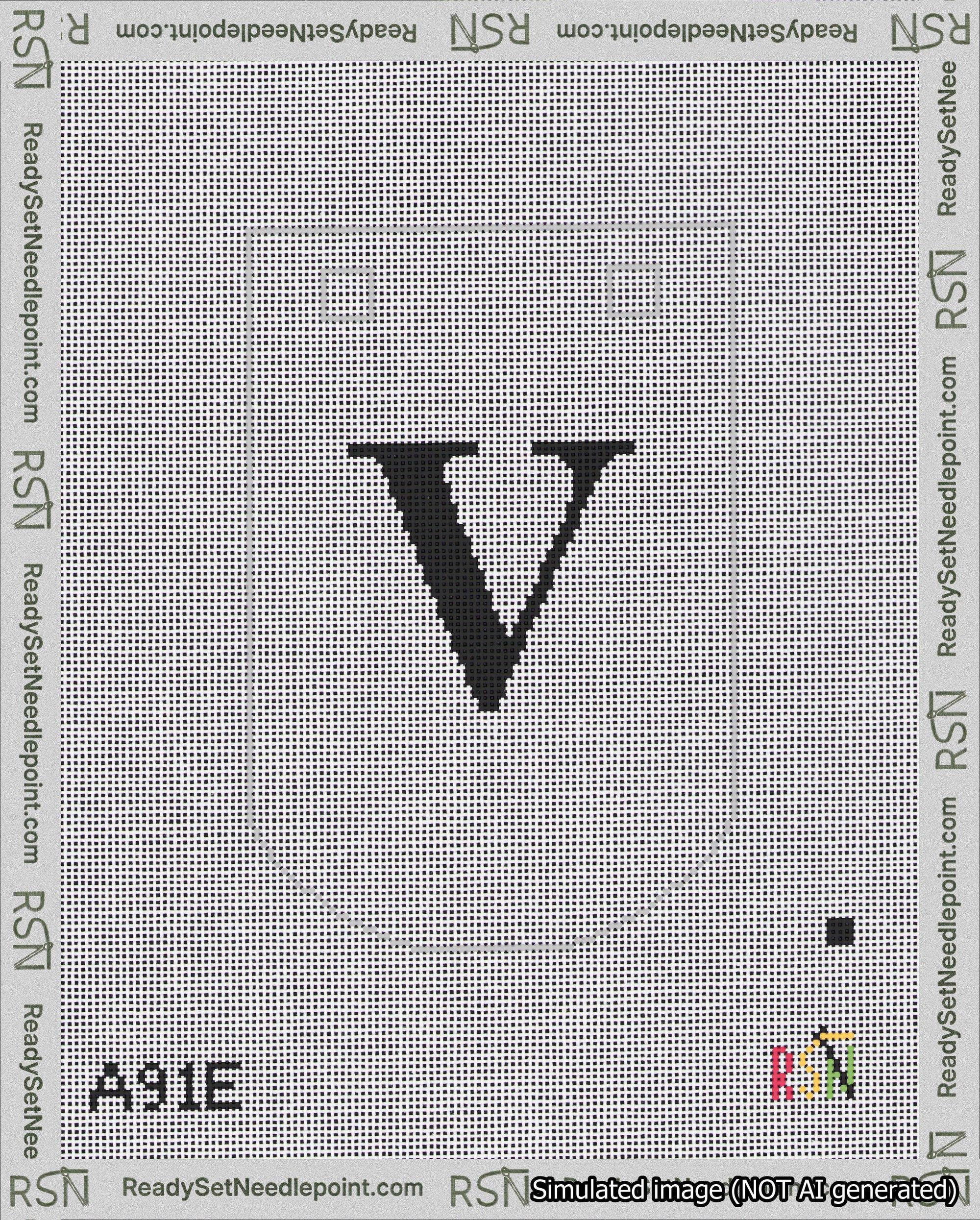 A taped needlepoint canvas with the design: Banner 18 mesh count Curved V Black on White.