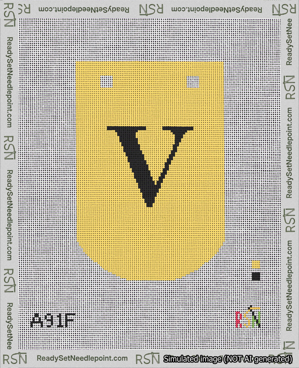 A taped needlepoint canvas with the design: Banner 18 mesh count Curved V Black on Yellow.