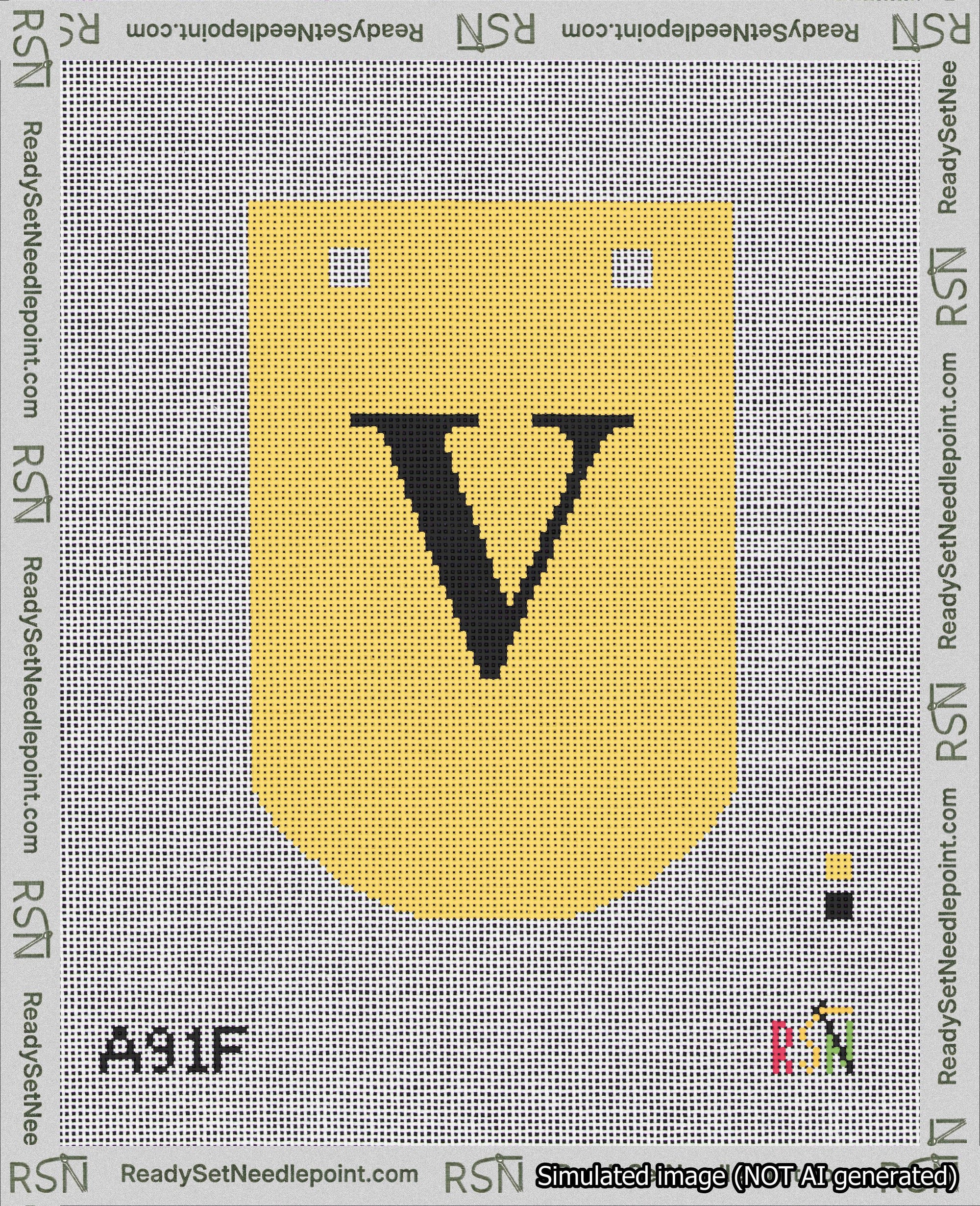A taped needlepoint canvas with the design: Banner 18 mesh count Curved V Black on Yellow.