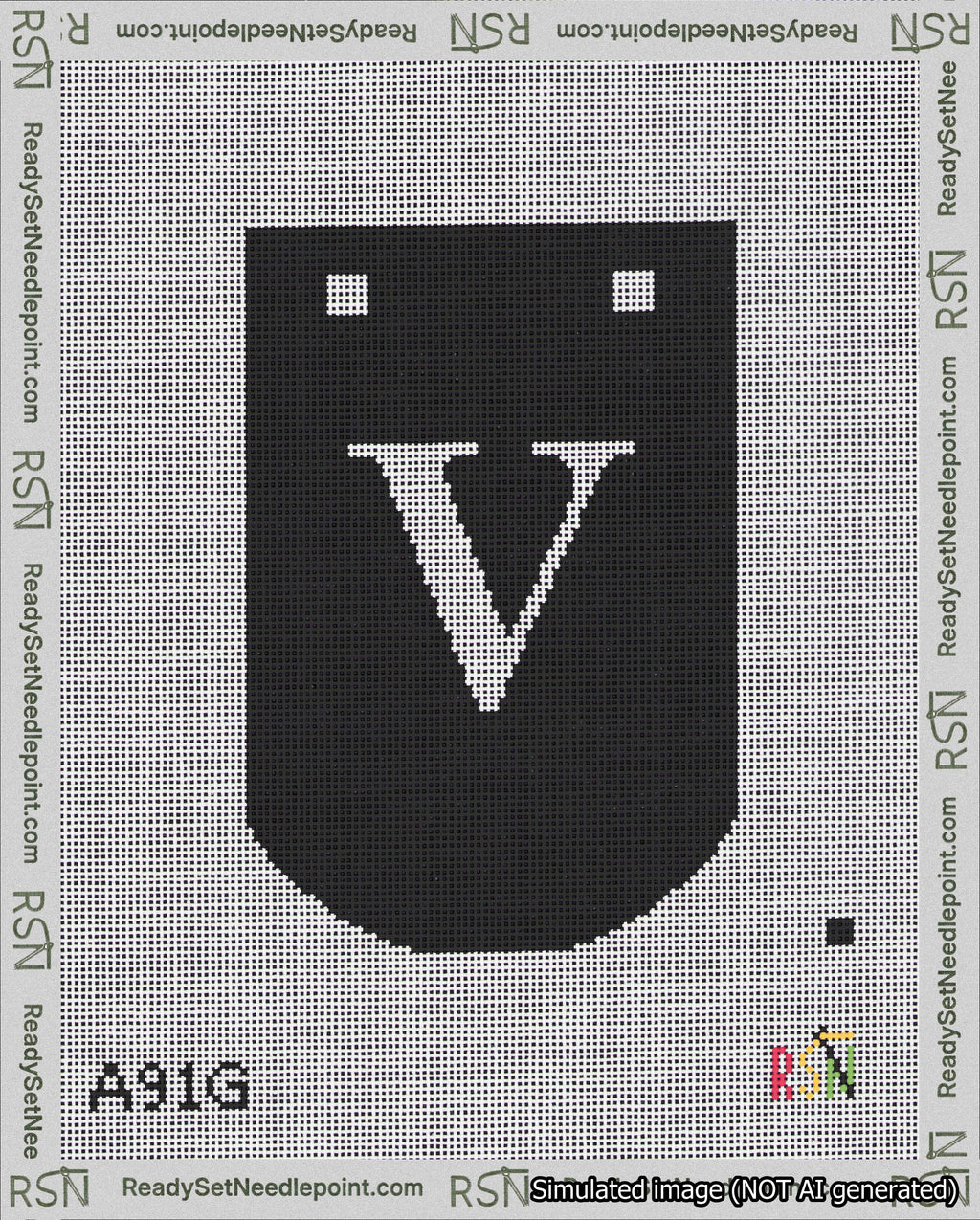 A taped needlepoint canvas with the design: Banner 18 mesh count Curved V White on Black.