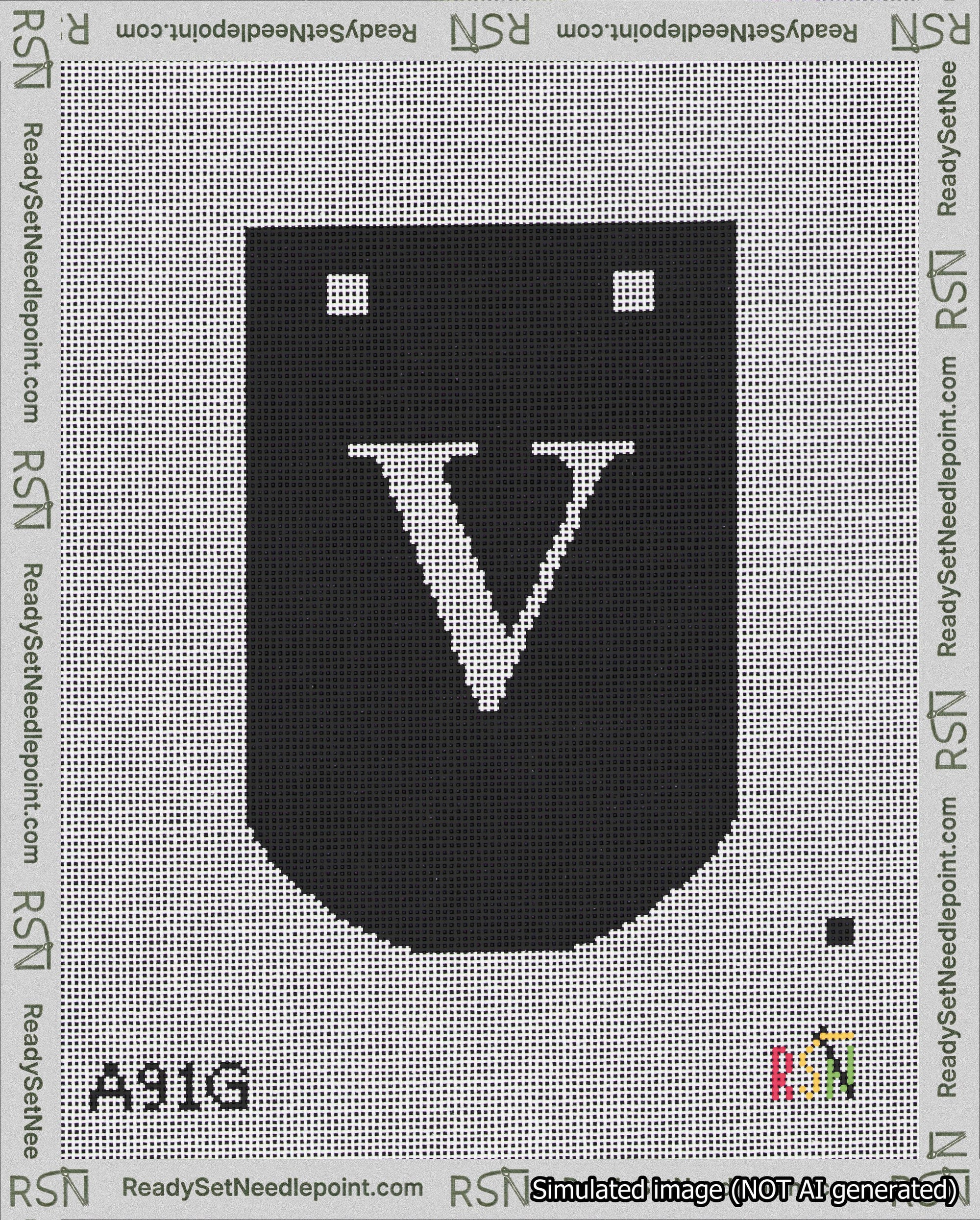 A taped needlepoint canvas with the design: Banner 18 mesh count Curved V White on Black.
