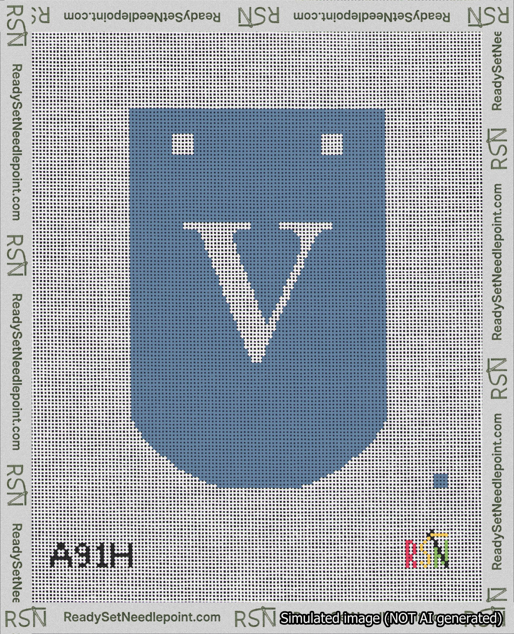 A taped needlepoint canvas with the design: Banner 18 mesh count Curved V White on Blue.