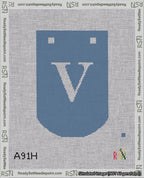 A taped needlepoint canvas with the design: Banner 18 mesh count Curved V White on Blue.