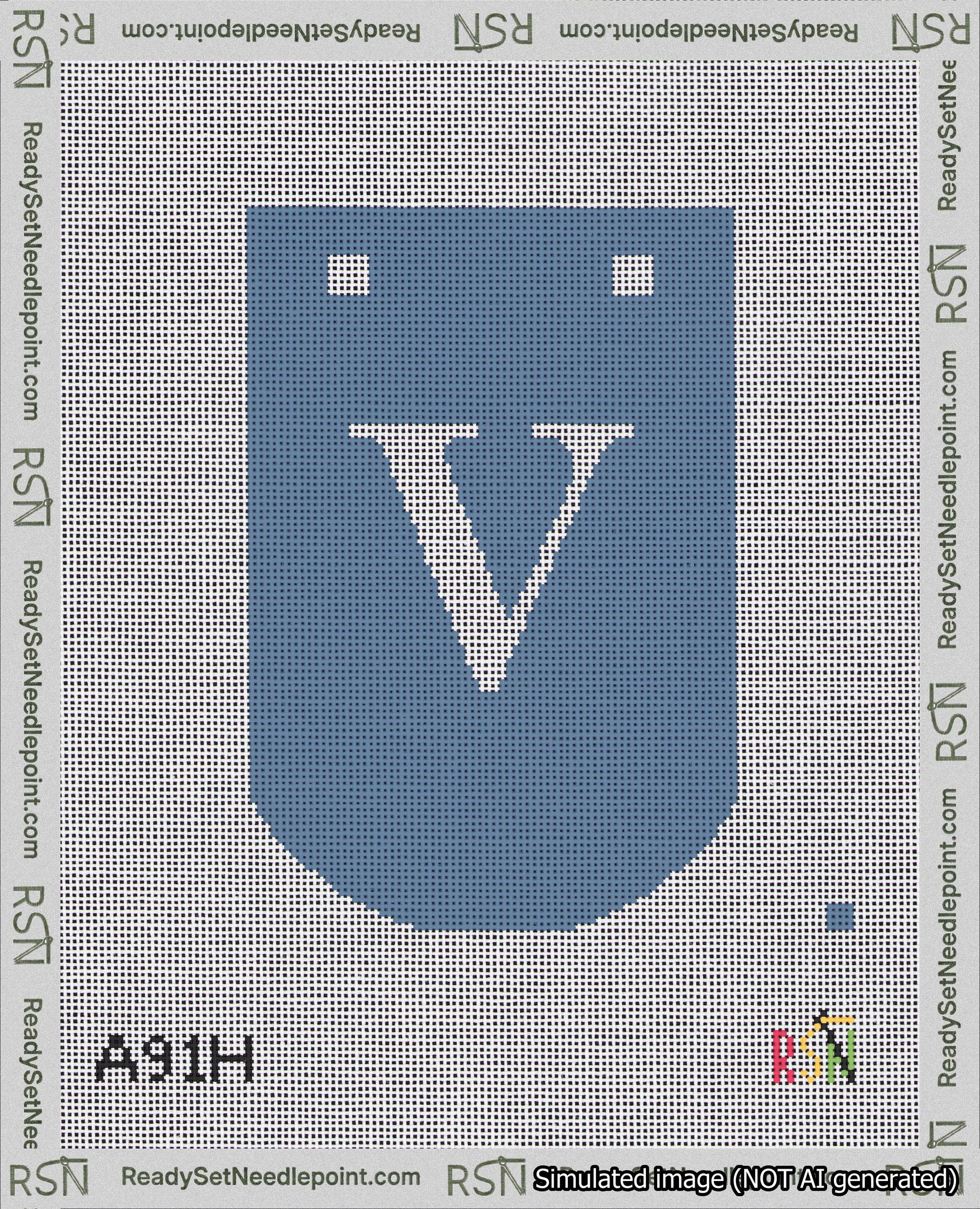 A taped needlepoint canvas with the design: Banner 18 mesh count Curved V White on Blue.