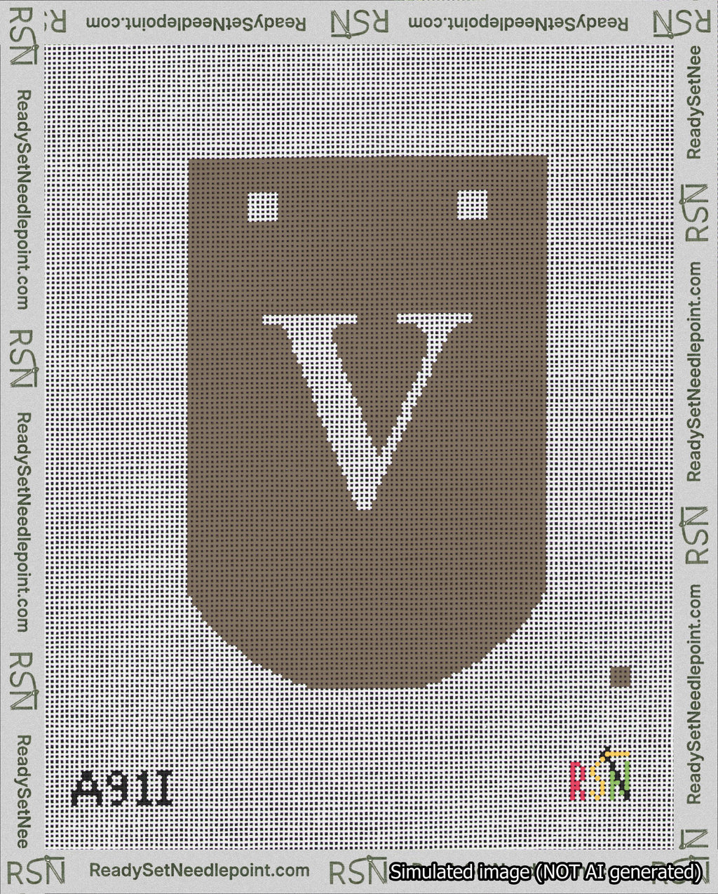 A taped needlepoint canvas with the design: Banner 18 mesh count Curved V White on Brown.