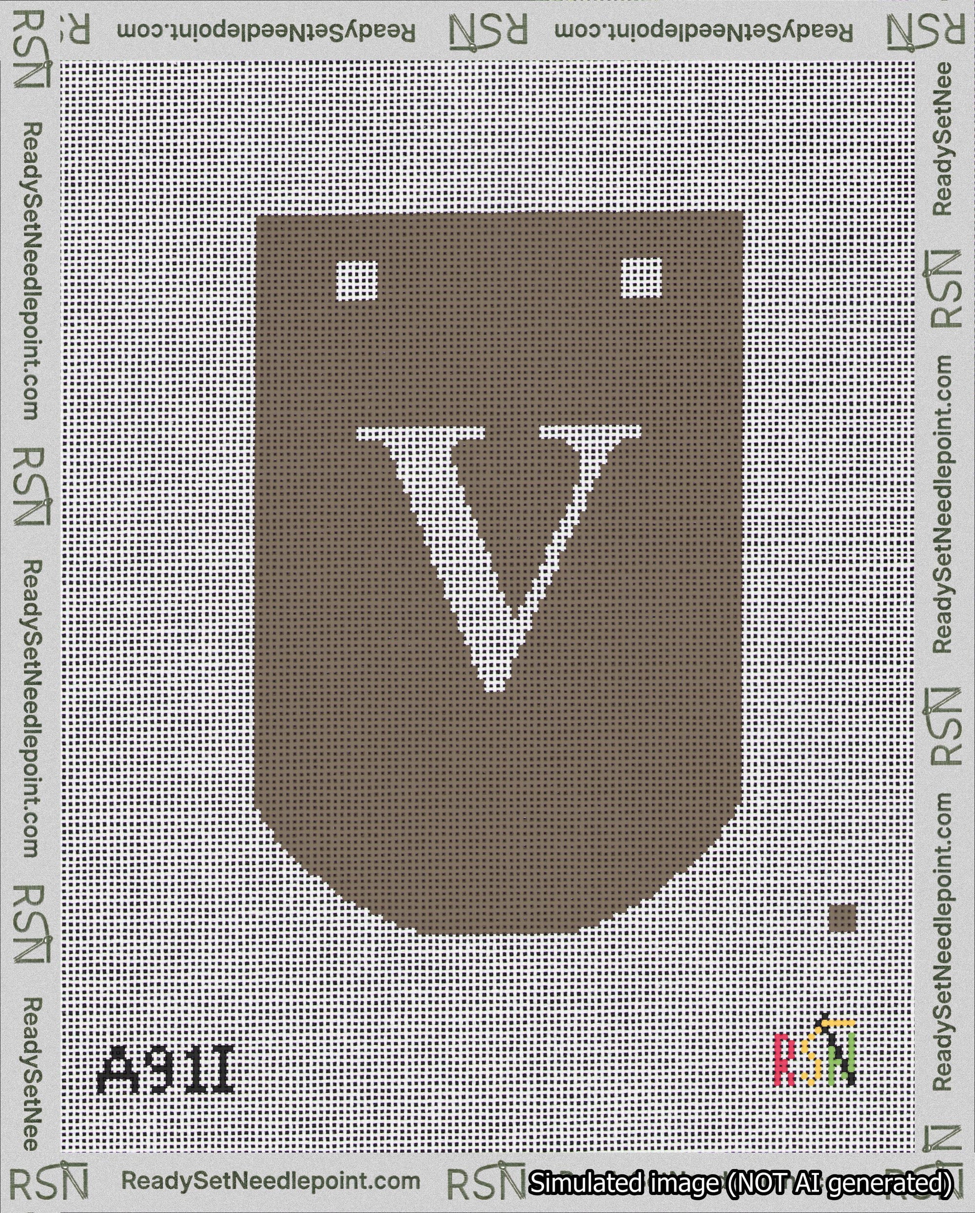 A taped needlepoint canvas with the design: Banner 18 mesh count Curved V White on Brown.