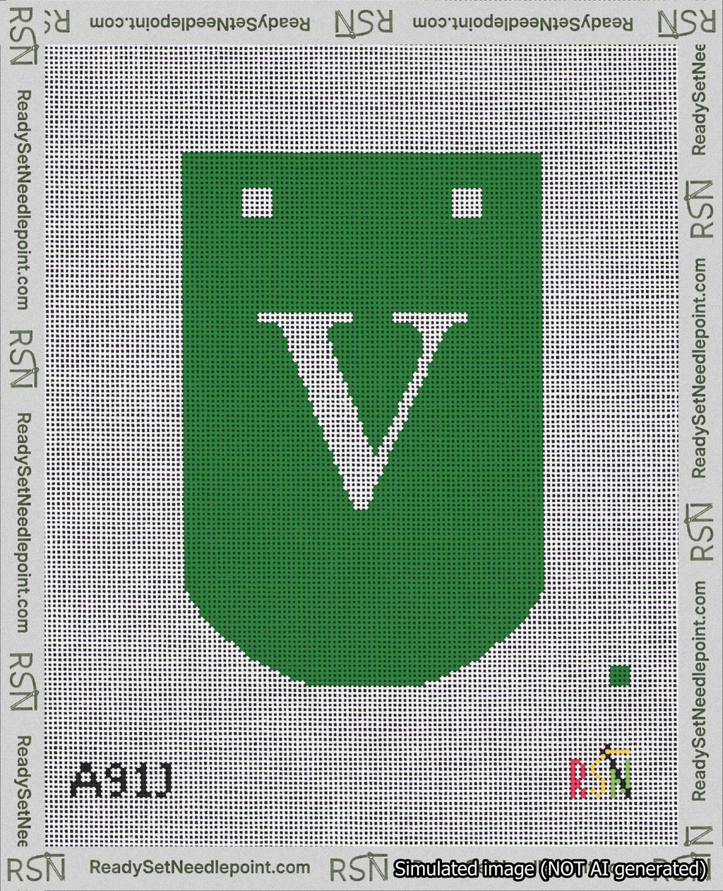 A taped needlepoint canvas with the design: Banner 18 mesh count Curved V White on Green.