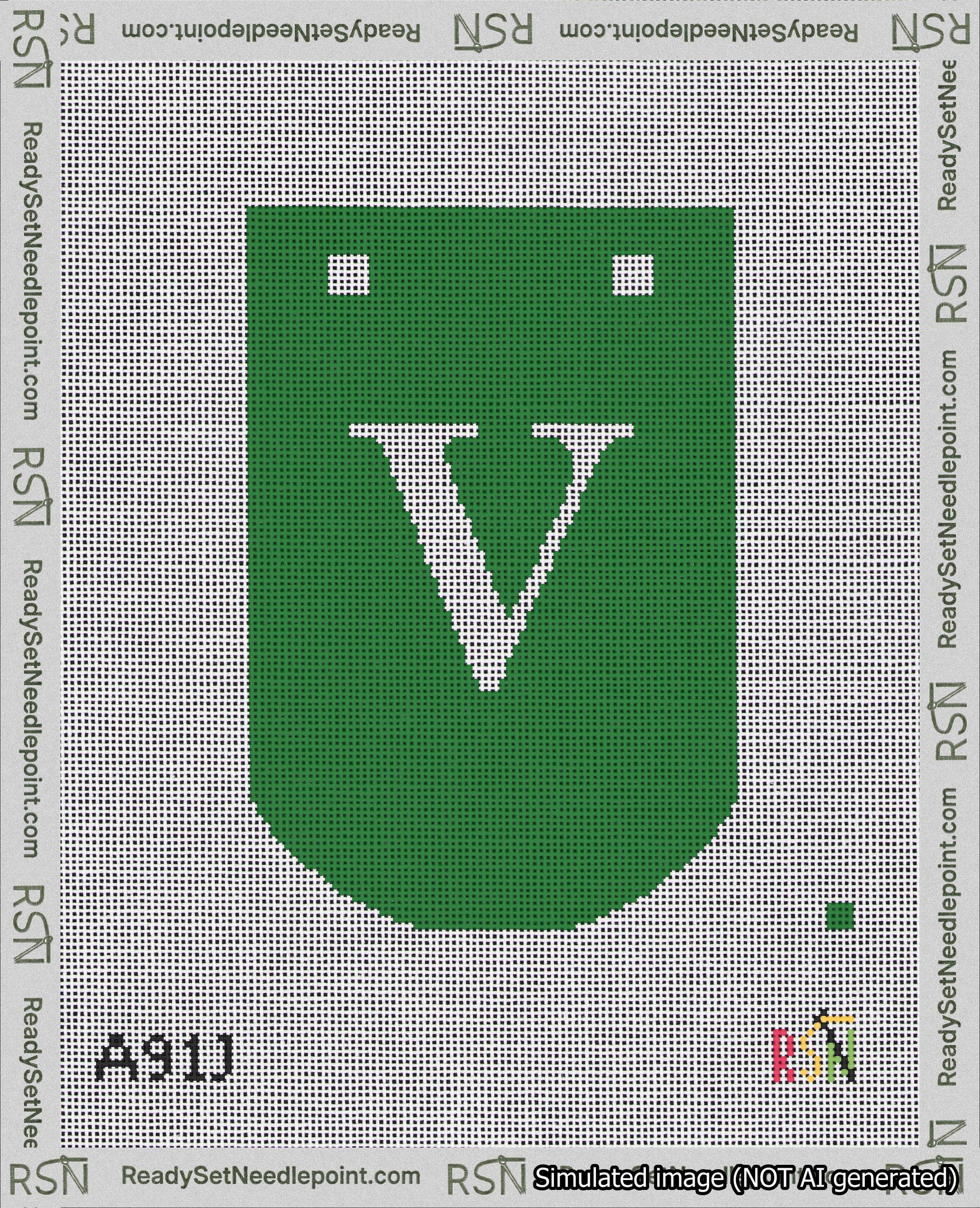 A taped needlepoint canvas with the design: Banner 18 mesh count Curved V White on Green.