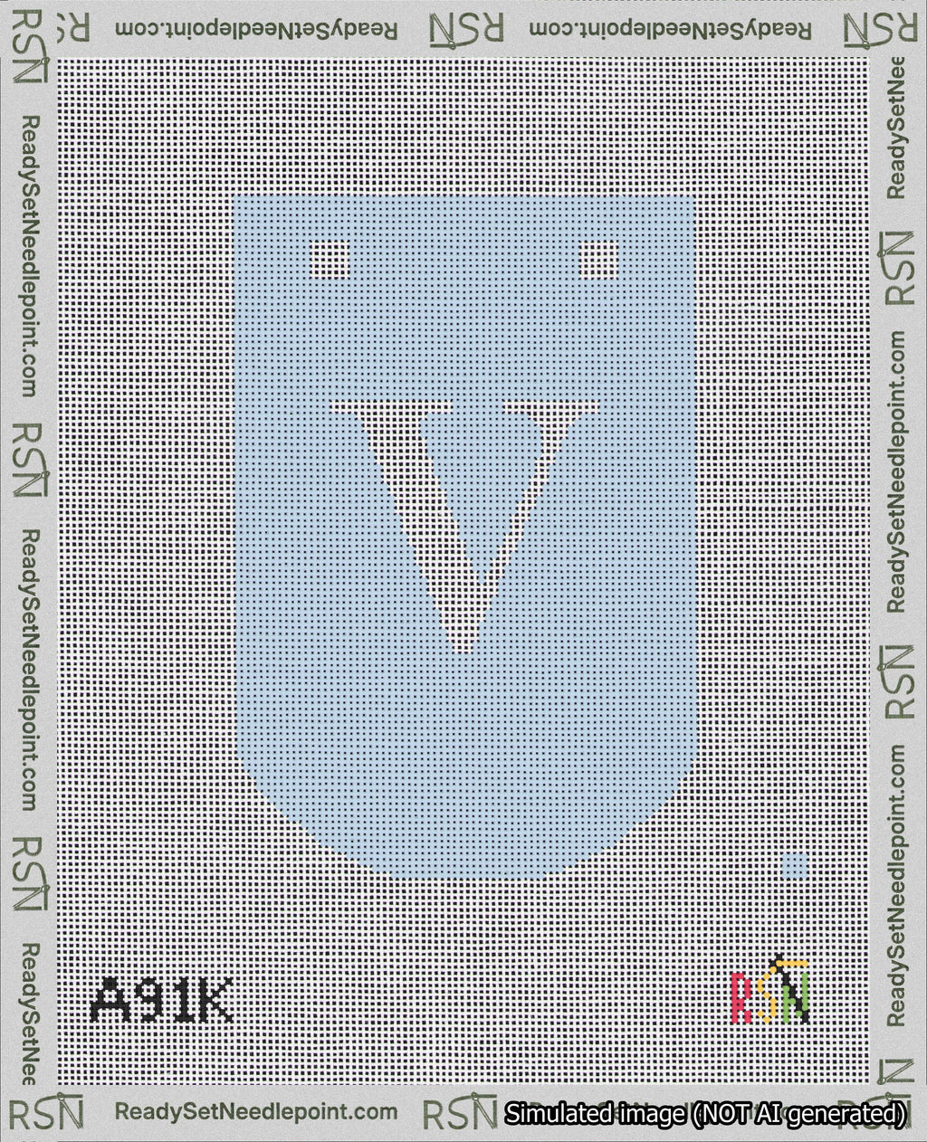 A taped needlepoint canvas with the design: Banner 18 mesh count Curved V White on Light Blue.