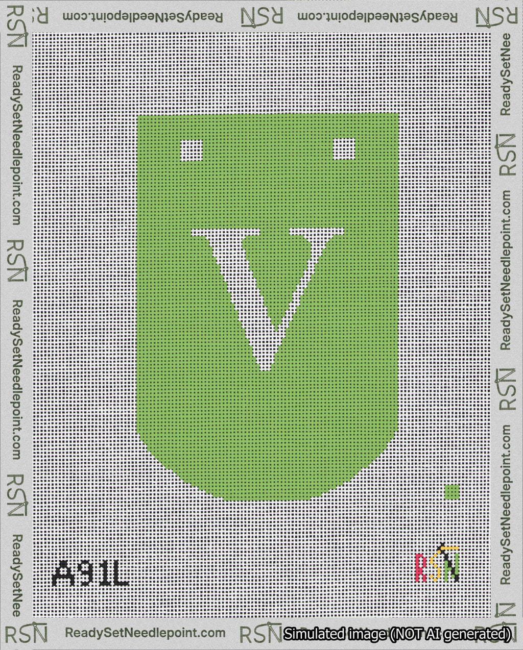 A taped needlepoint canvas with the design: Banner 18 mesh count Curved V White on Light Green.