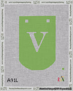 A taped needlepoint canvas with the design: Banner 18 mesh count Curved V White on Light Green.