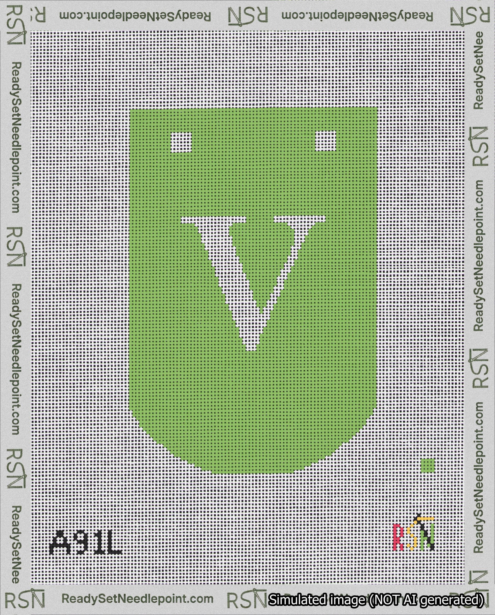 A taped needlepoint canvas with the design: Banner 18 mesh count Curved V White on Light Green.
