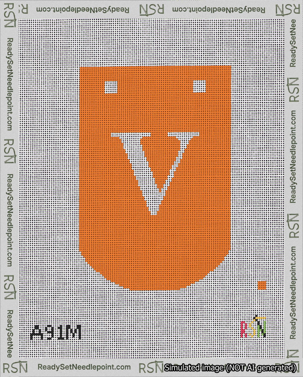 A taped needlepoint canvas with the design: Banner 18 mesh count Curved V White on Orange.