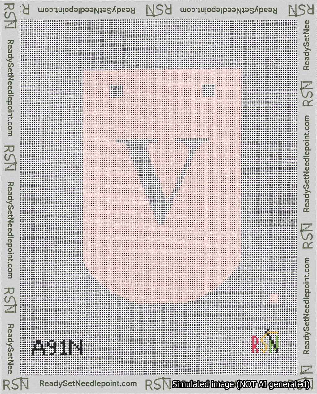 A taped needlepoint canvas with the design: Banner 18 mesh count Curved V White on Pink.