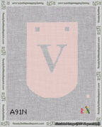 A taped needlepoint canvas with the design: Banner 18 mesh count Curved V White on Pink.