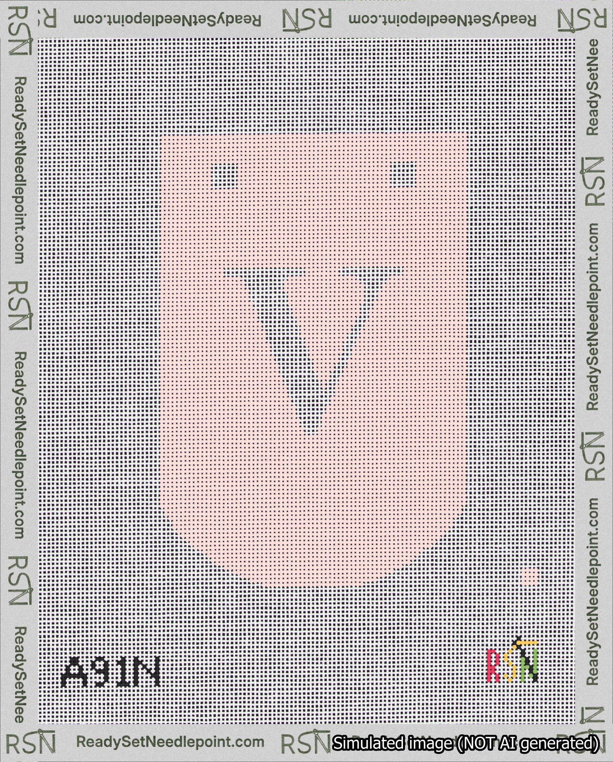 A taped needlepoint canvas with the design: Banner 18 mesh count Curved V White on Pink.