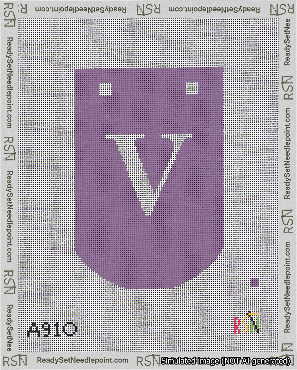 A taped needlepoint canvas with the design: Banner 18 mesh count Curved V White on Purple.