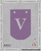 A taped needlepoint canvas with the design: Banner 18 mesh count Curved V White on Purple.