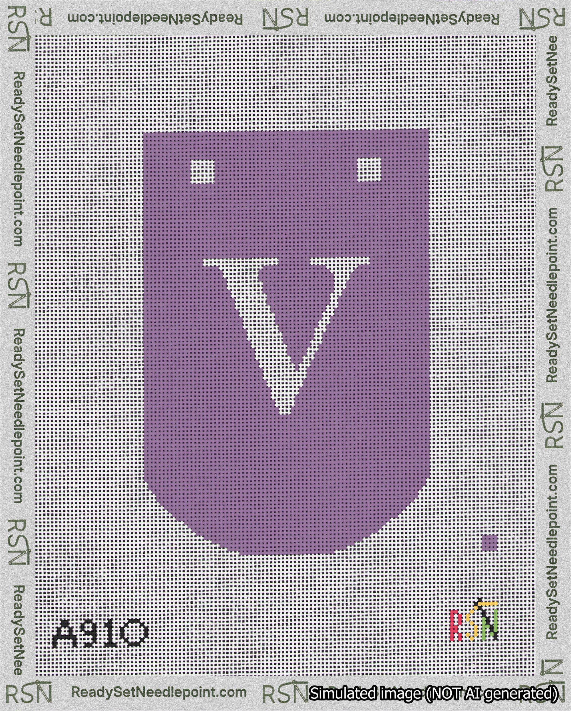 A taped needlepoint canvas with the design: Banner 18 mesh count Curved V White on Purple.