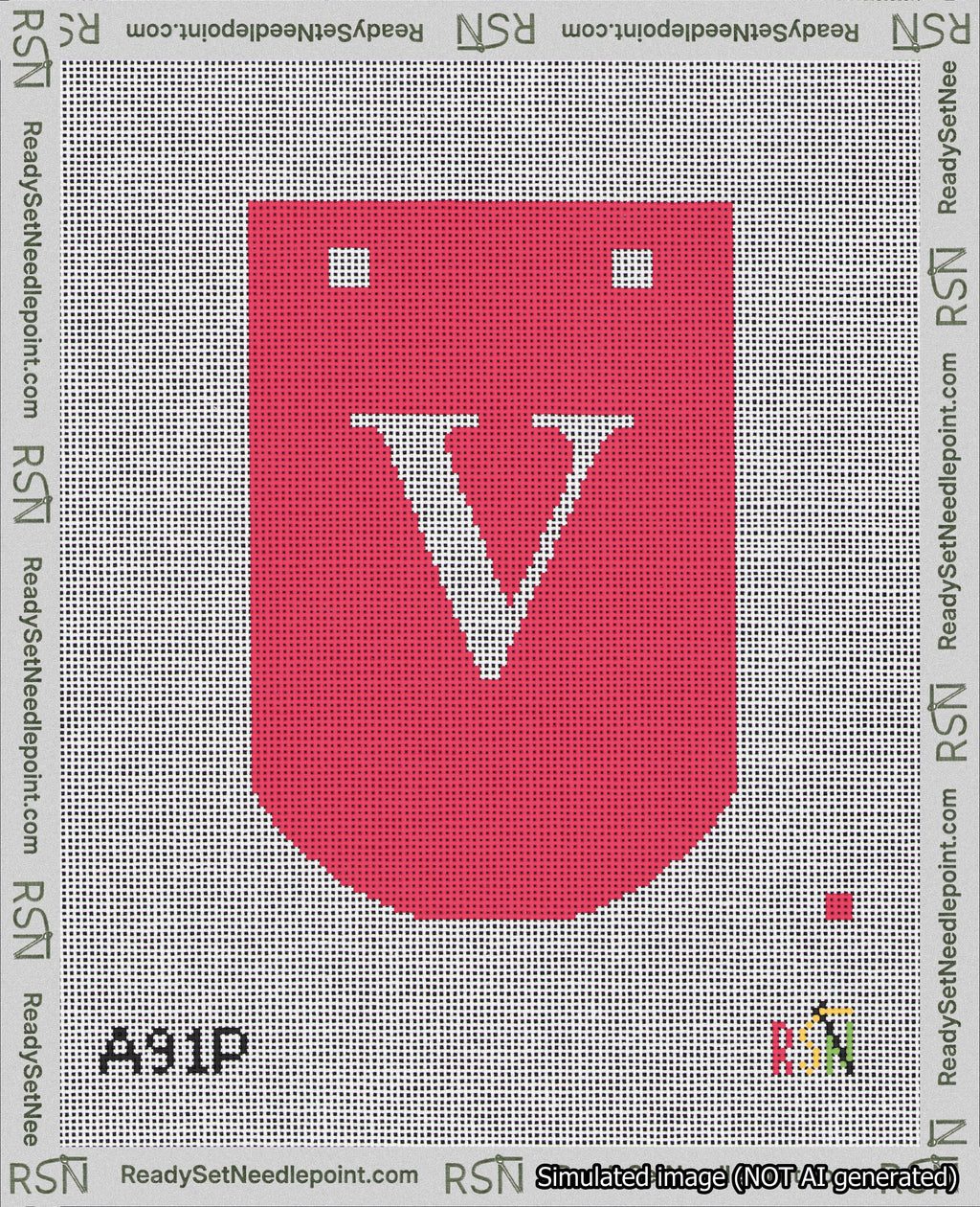 A taped needlepoint canvas with the design: Banner 18 mesh count Curved V White on Red.