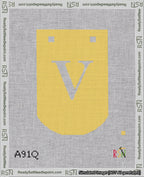A taped needlepoint canvas with the design: Banner 18 mesh count Curved V White on Yellow.