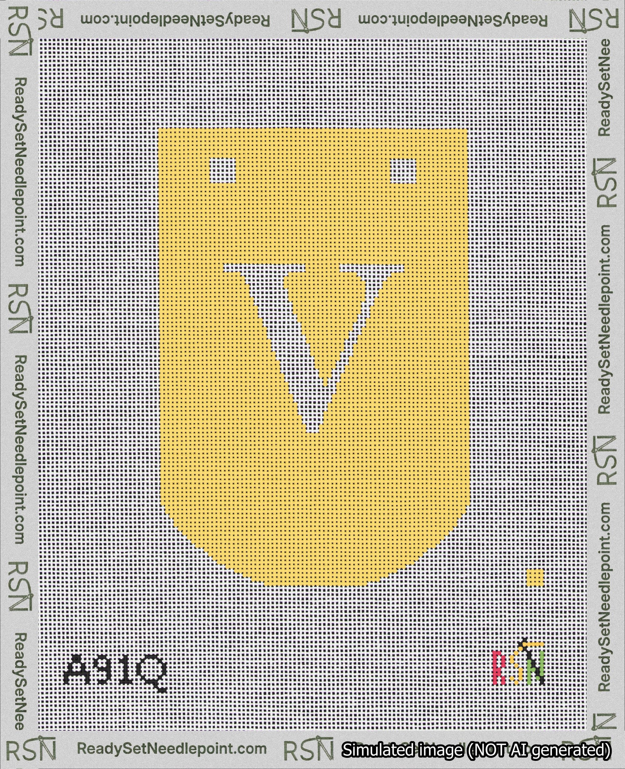 A taped needlepoint canvas with the design: Banner 18 mesh count Curved V White on Yellow.