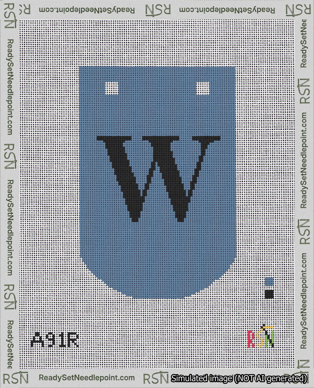 A taped needlepoint canvas with the design: Banner 18 mesh count Curved W Black on Blue.