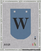 A taped needlepoint canvas with the design: Banner 18 mesh count Curved W Black on Blue.